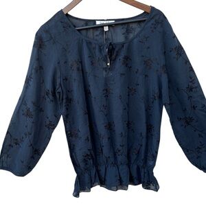 Jennifer and Grace Blouse Women S Navy Blue NWT Embroidered Smocked Peplum Boho